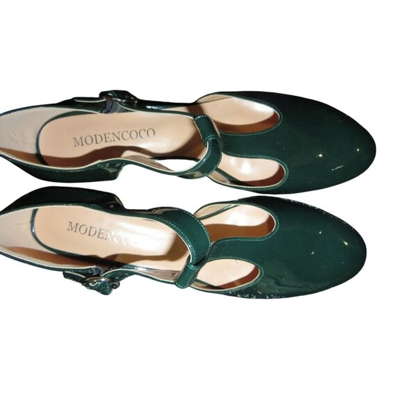 SOLD MODENCOCO Round Toe Green Patent Leather Buckle T Strap Chunky Heel 13 - Picture 2 of 10